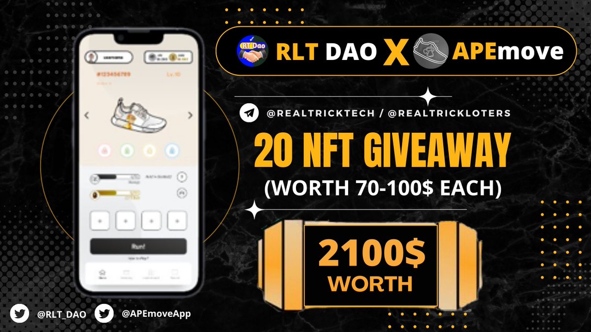 META_STARx's tweet photo. 😁😁 We've Partnered up with @APEmoveApp 🔥🔥

🥳🥳 Total Giveaway Pool - 2100$ - 20 Free NFT 😱😱

( NFT worth of 70$-100$/Sneakers )

To Win 🏆
✅ Follow @RLT_DAO and @APEmoveApp
➡️ Finish Gleam : https://t.co/Jvl5OHIDoX

⏰ Ending on 11th August 

#Airdrop #FreeNFT #RLT_DAO https://t.co/AB4eqbYXoE