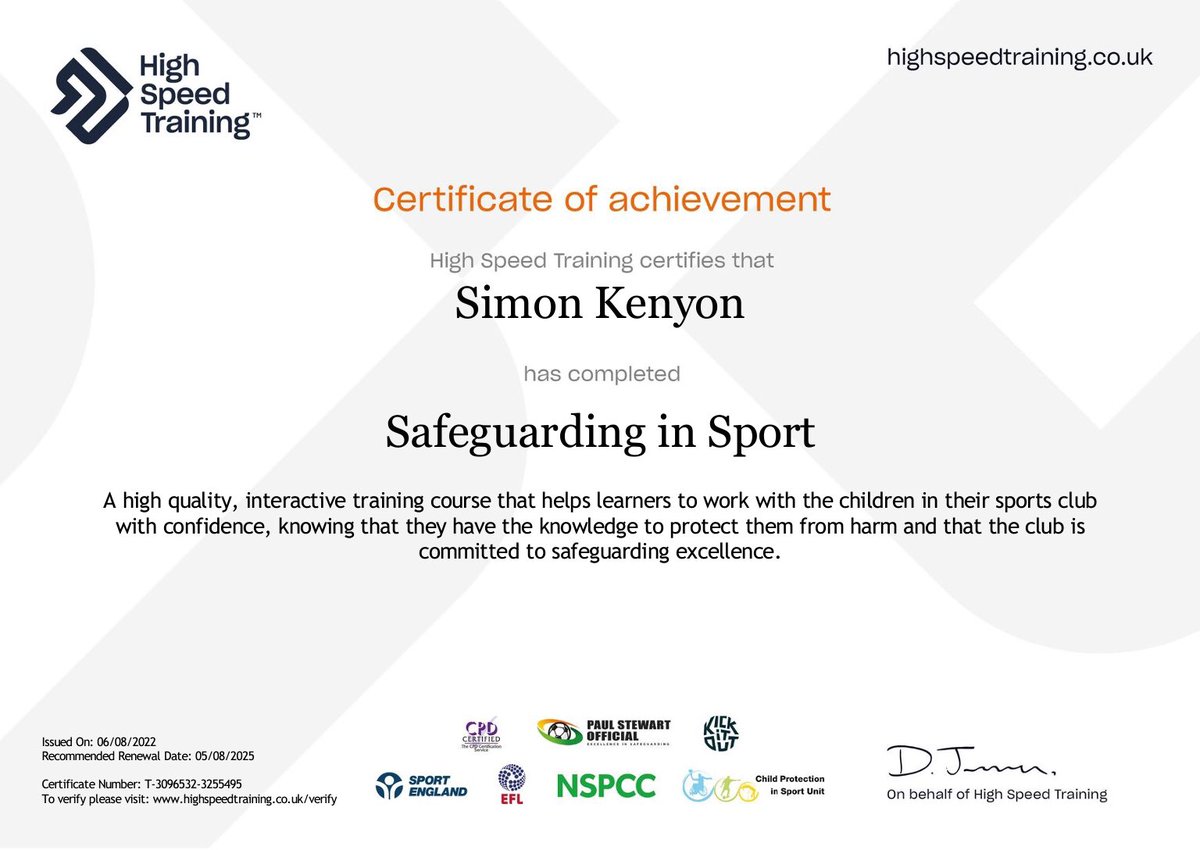 I’ve just completed the excellent safeguarding in sport course provided by @PStewy103 and @hst. Would recommended to anyone working in sport with children and young people. highspeedtraining.co.uk/courses/safegu…
