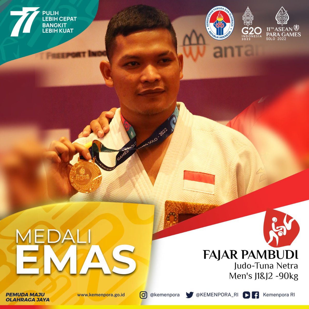 KEMENPORA_RI's tweet photo. Selamat kepada Fajar Pambudi yang berhasil meraih medali emas di kategori Men's J1,J2 -90kg. Kamu hebat!

#kemenpora
#pemudamajuolahragajaya
#apgsolo2022
#strivingforequality https://t.co/RMff1Sf2tt