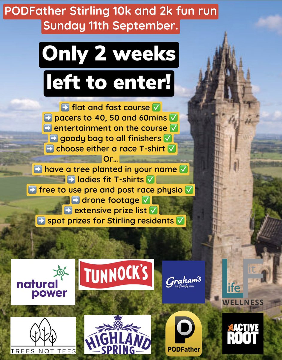 stirling10k's tweet image. We’re just finalising the last details - the T-shirt design is being approved, our drone company is planning the best viewpoints, the music playlist is being composed, the piper is saving his breath. Just one last detail…will you be joining us on 11th September?