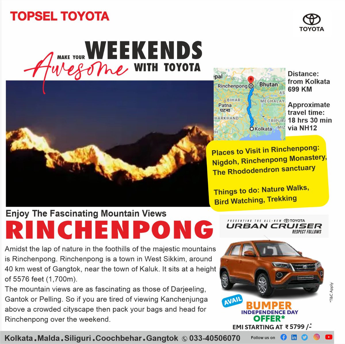 TopselToyota's tweet photo. #WeekendsWithToyota Rinchenpong is famous for its natural beauty and the sights of Mt. Kanchenjunga, you can have an excellent view of the Kanchenjunga peaks and the surrounding mountains.
#weekendtrip #holidaydestination #weekendvibes #Rinchenpong #ToyotaIndia #TopselToyota https://t.co/4DYOxxuANY