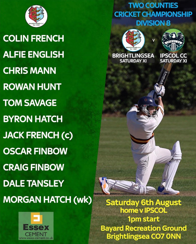 Biggest game of the season so far.

1st v 2nd as Saturday cricket returns to the Rec.  Come and join us.

⏰ 1pm
📌 Brightlingsea Recreation Ground
🌞 Sunny
🍺 Bar's open

🏏🏏🏏🏏🏏🏏