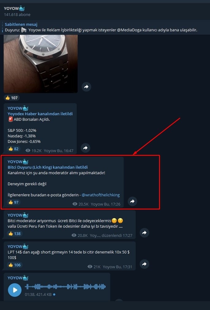 crypto_facts_'s tweet photo. Twitter tarihinin belkide en büyük rezilliklerinden birisi. Lafı uzatmadan anlatıyorum. @RealYoyowbu denen sözde balina dün telegram kanalında bir paylaşım yaptı ve Bitci Telegram grubuna moderatör arandıgını söyledi. ⬇️ https://t.co/f0bAUl6wgr