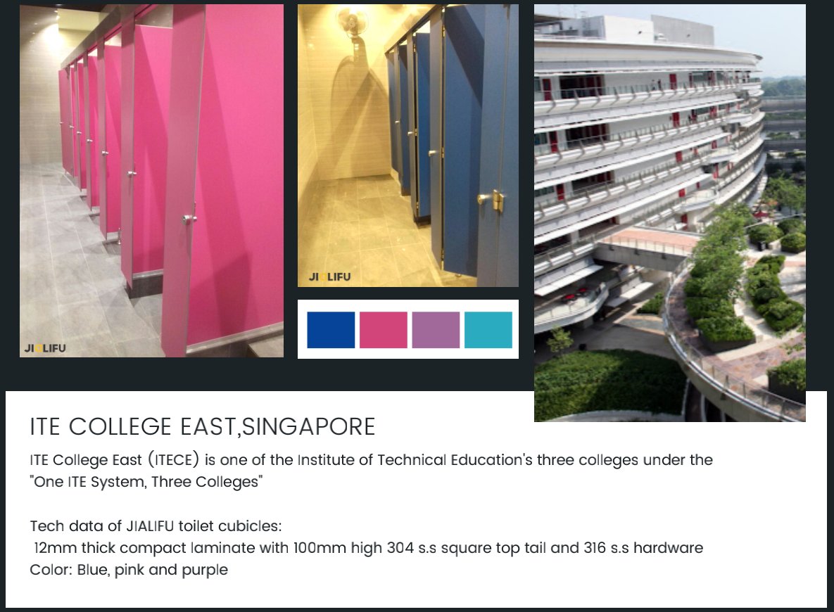 toiletcubicle_'s tweet image. ITE College East (ITECE) is one of the Institute of Technical Education's three colleges under the "One ITE System, Three Colleges.🌻🌻

They choose JIALIFU compact laminate #toiletpartitions with 316 stainless steel hardware. #RALCOLOR are available. 👏👏

Do you like? 🥰🥰