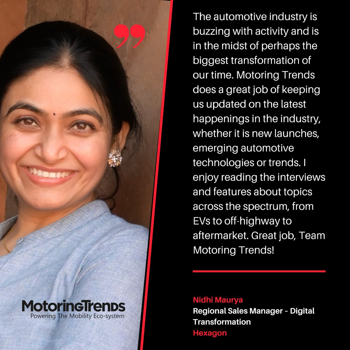 Motoring_Trends's tweet photo. "Motoring Trends does a great job of keeping us updated on the latest happenings in the industry, whether it is new launches, emerging automotive technologies or trends."
- Nidhi Maurya , Regional Sales Manager - Digital Transformation @HexagonAB

#motoringtrends #testimonial https://t.co/WuONQnNfji