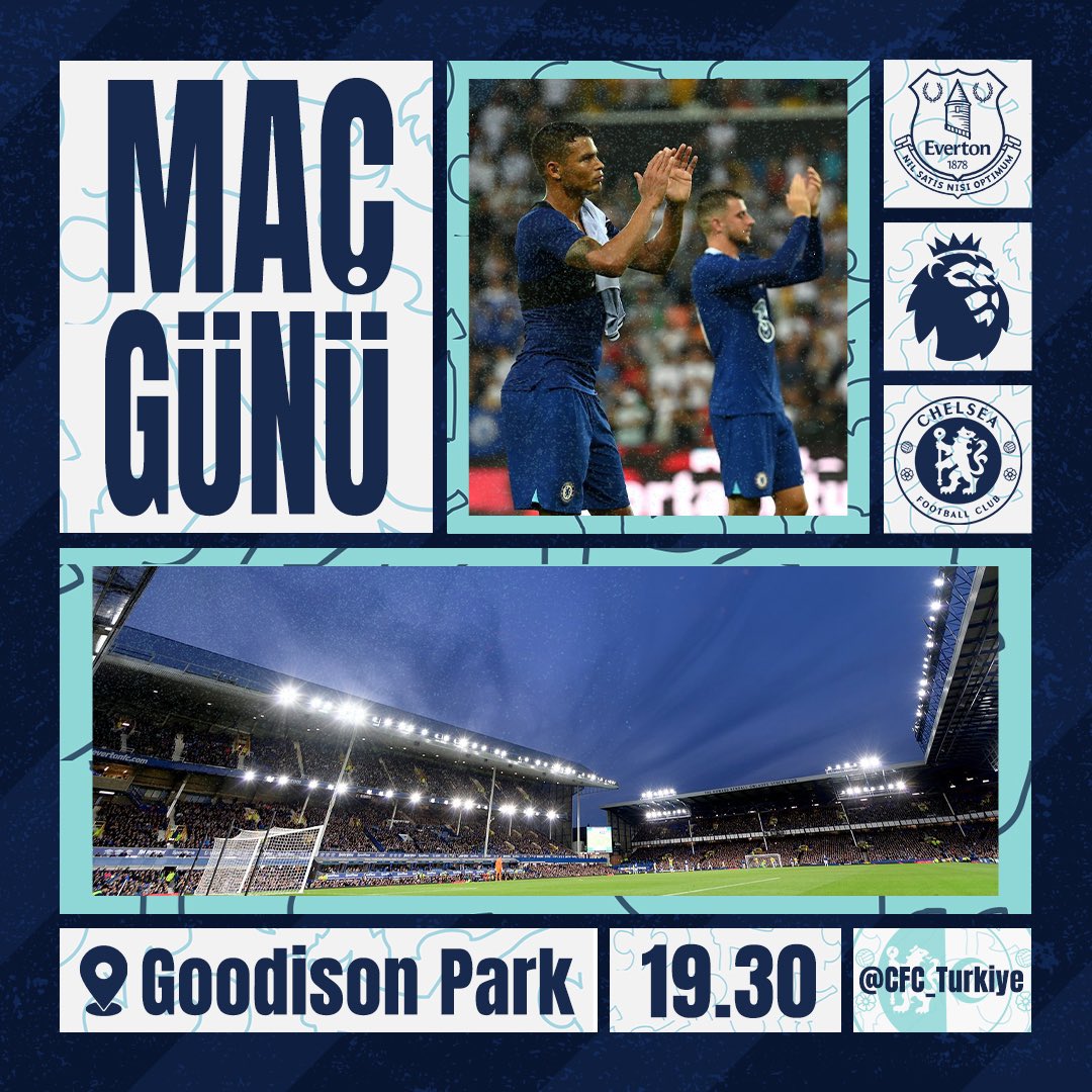 MAÇ GÜNÜ!💙 🆚 Everton 🏆 Premier Lig 1. Hafta 🏟️ Goodison Park 👨‍⚖️ Craig Pawson ⏰ TSİ 19.30 📺 Bein Sports 3 #EVECHE • #TurkishBlues 🇹🇷