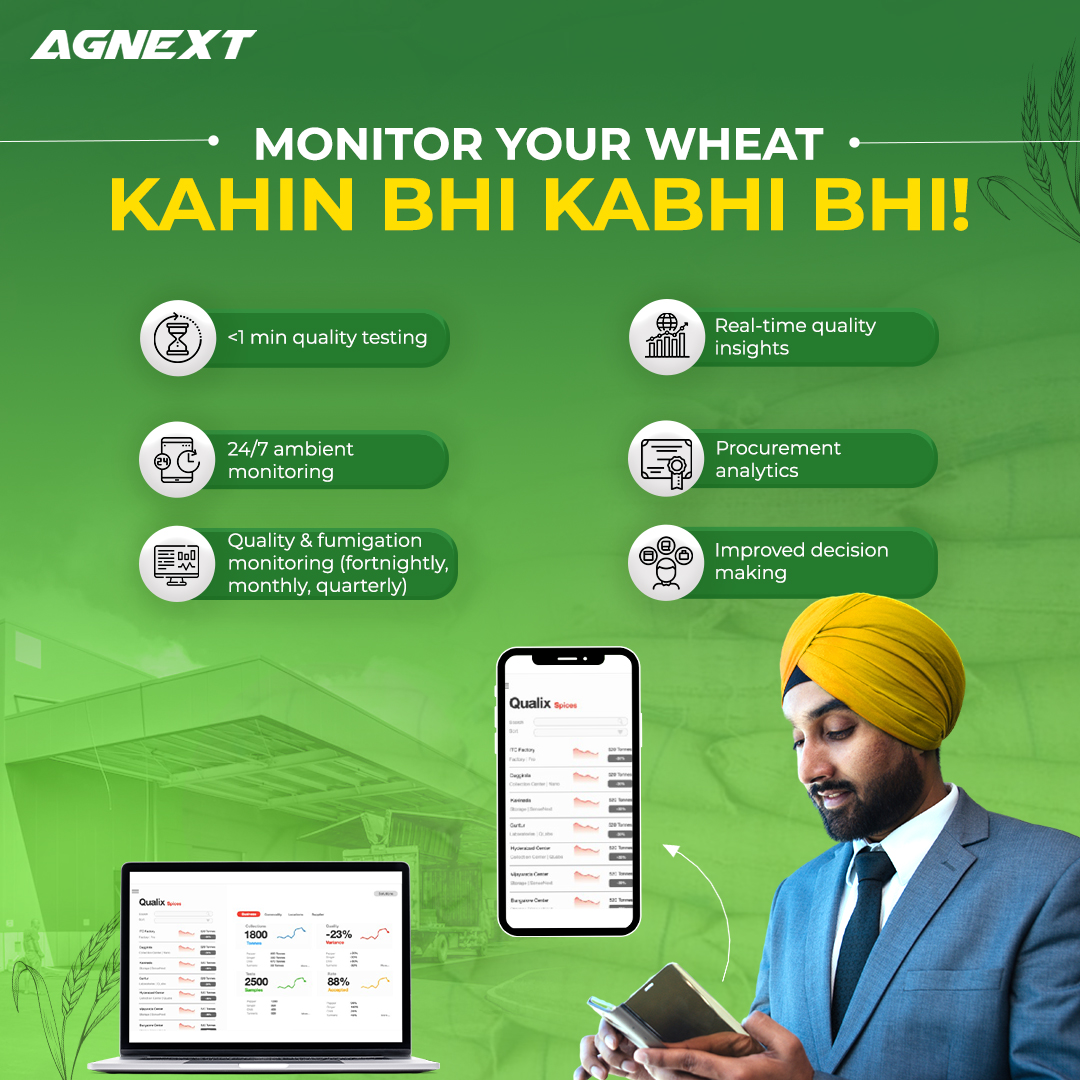 agnextworld's tweet photo. We can bring you the farm-to-fork quality of your #wheat at your fingertips!

Our comprehensive #qualitymanagementsystem allows you to rapidly test &amp; consistently monitor the physical &amp; chemical #qualityparameters of your wheat, KAHIN BHI, KABHI BHI. 

#agtech #qualityassurance https://t.co/7SaQxVwD3y