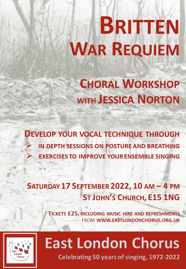 Come and join East London Chorus as we explore Britten’s War Requiem with the amazing @JessicaCNorton on 17th September. Tickets on sale now from tickettailor.com/events/eastlon…