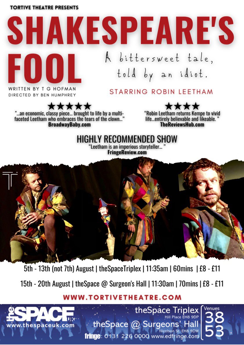 Today is the last day of previews before we enter the run proper of #ShakespearesFool at the <a href="/edfringe/">Edinburgh Festival Fringe</a>. 

Join us at <a href="/theSpaceUK/">theSpaceUK</a> and see Will Kempe’s final performance and find out what really happened with him and that bastard, Shakespeare. #EdFringe22 

tickets.edfringe.com/whats-on/shake…