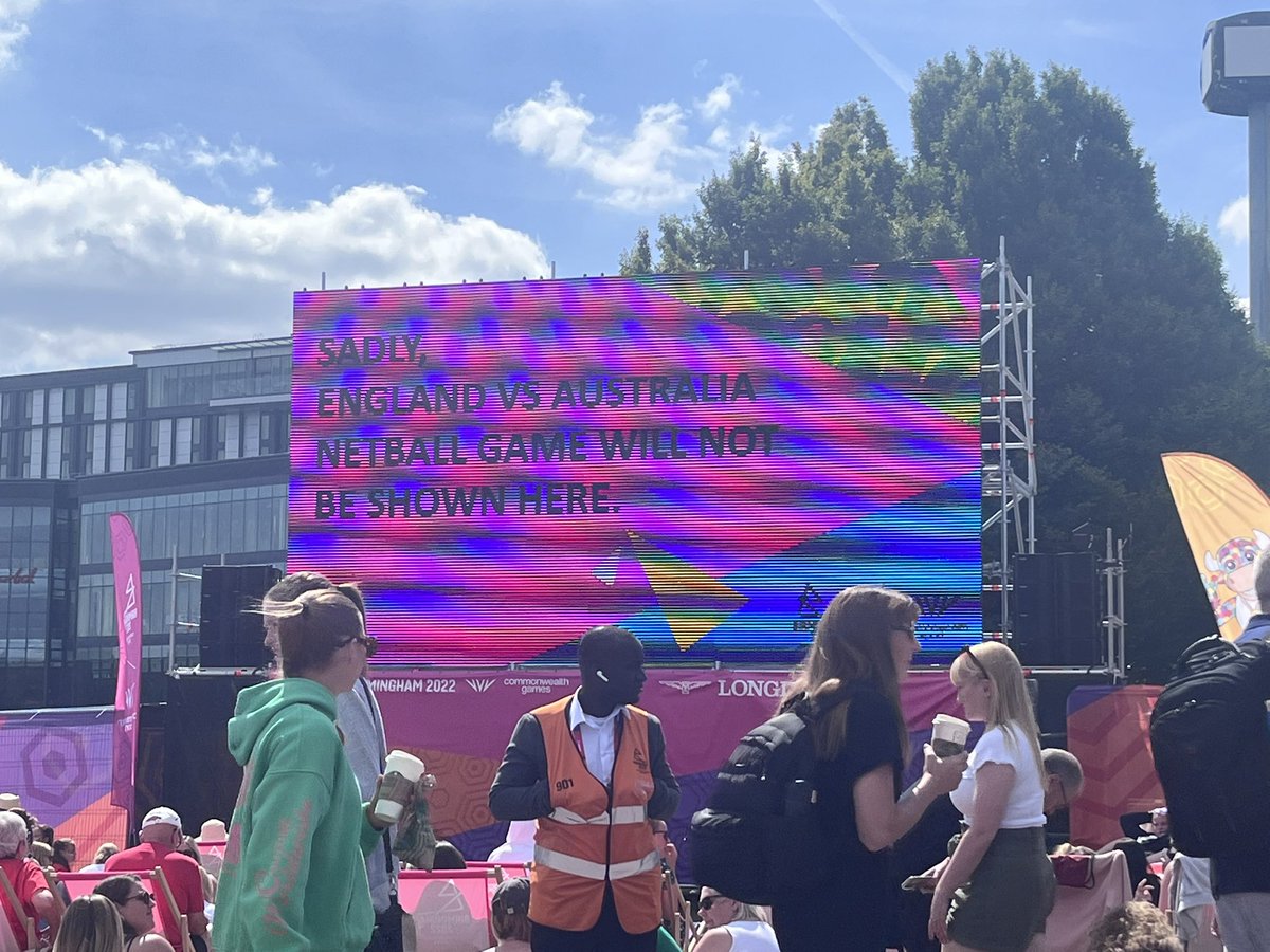 AB_FABBB's tweet photo. Absolutely fuming at @thecgf - luckily got tickets for the game this morning, however as a Rose’s fan… you would have expected the match later on to be shown in the Fan park. Off the back of the 2018 games, you should be advocating the broadcast of Women’s sport. 1/2 https://t.co/nDEdfo2fIV