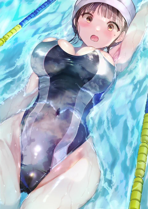 最近水着が小さくなってきたことを気にしていたところに男子部員から背泳ぎのお手本を見せてくれと言われて仕方なく泳いで見せる新人水泳部コーチ
「ほらこうして・・・ちゃんと見ててよ!」
「はい!目に焼き付けます!」 