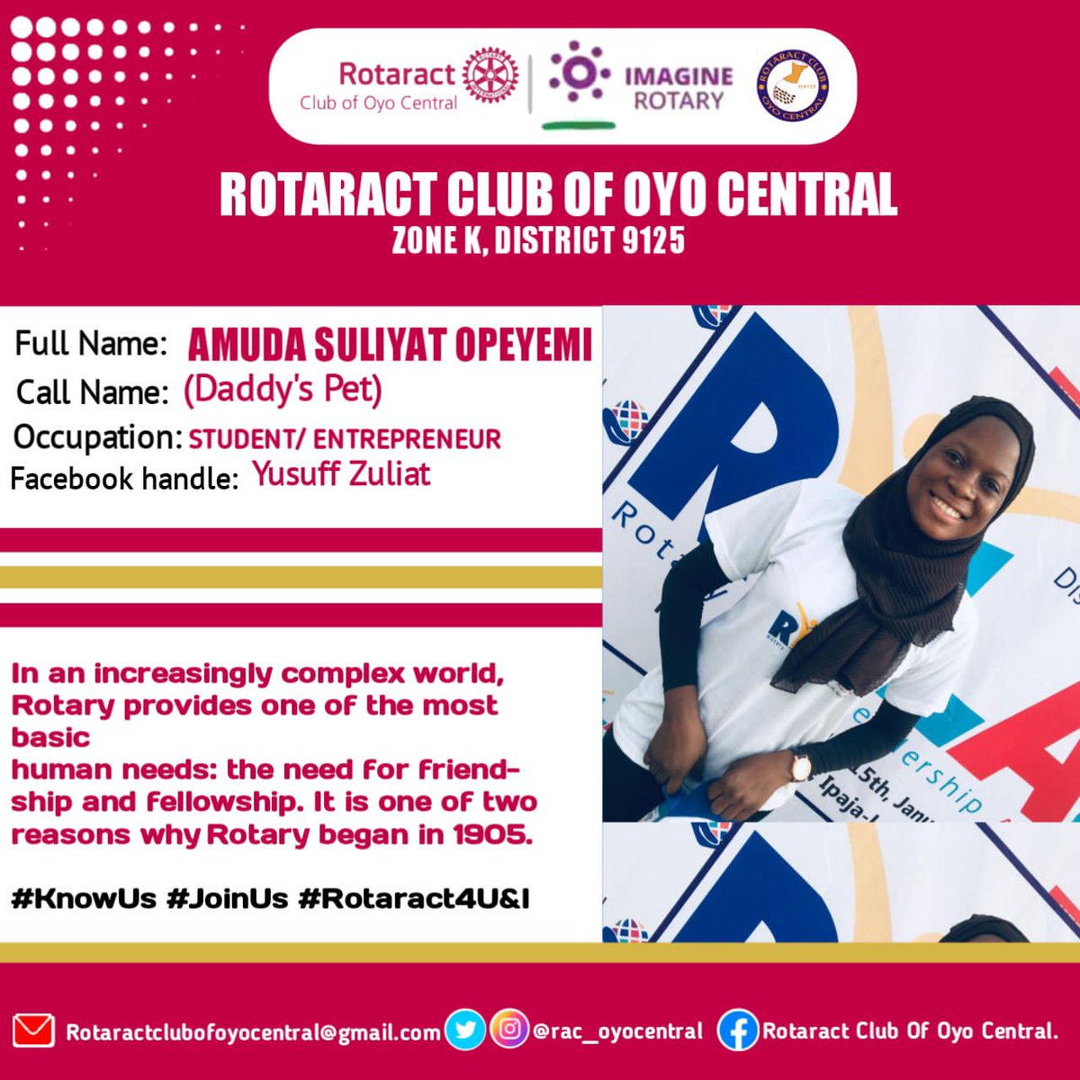 Rac_Oyocentral's tweet photo. In an increasingly complex world, Rotary provides one of the most basic human needs. The need for friendship and fellowship. It is one of two reason why Rotay began in 1905.

Day 6

#KnowUs 
#JoinUs 
#Rotaract4U&amp;I https://t.co/j7Xcd2uZxI