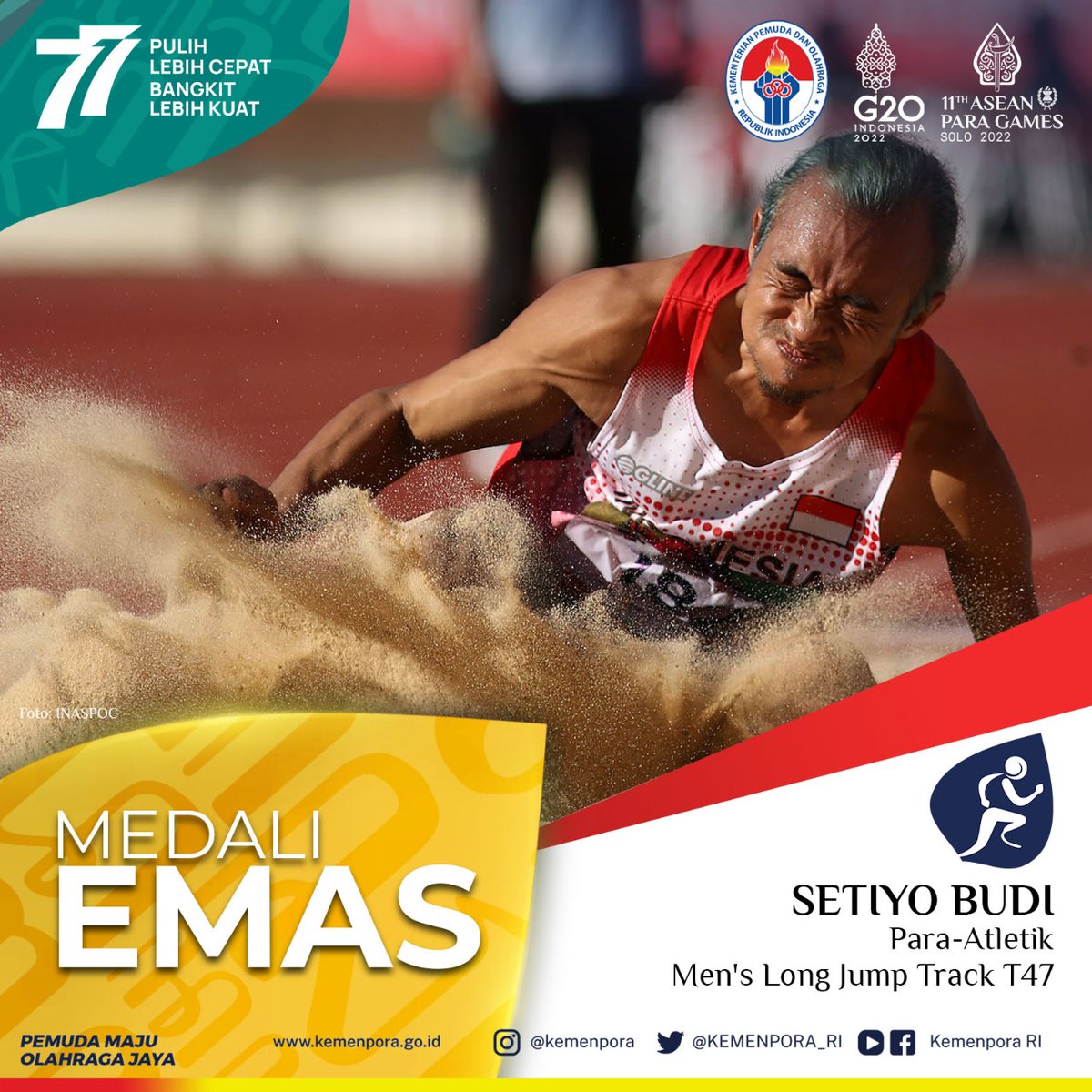 KEMENPORA_RI's tweet photo. Setiyo Budi mempersembahkan medali emas dari cabor Para-Atletik, di kategori Men’s Long Jump Track T47.

#kemenpora
#pemudamajuolahragajaya
#apgsolo2022
#strivingforequality https://t.co/hwnLRnvCWG
