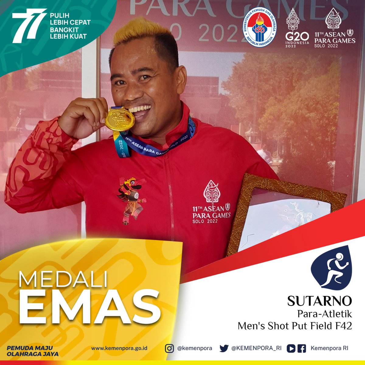 KEMENPORA_RI's tweet photo. Sutarno mempersembahkan medali emas dari cabor Para-Atletik, di kategori Men’s Shot Put Field F42.

#kemenpora
#pemudamajuolahragajaya
#apgsolo2022
#strivingforequality https://t.co/29rqjSjpVZ