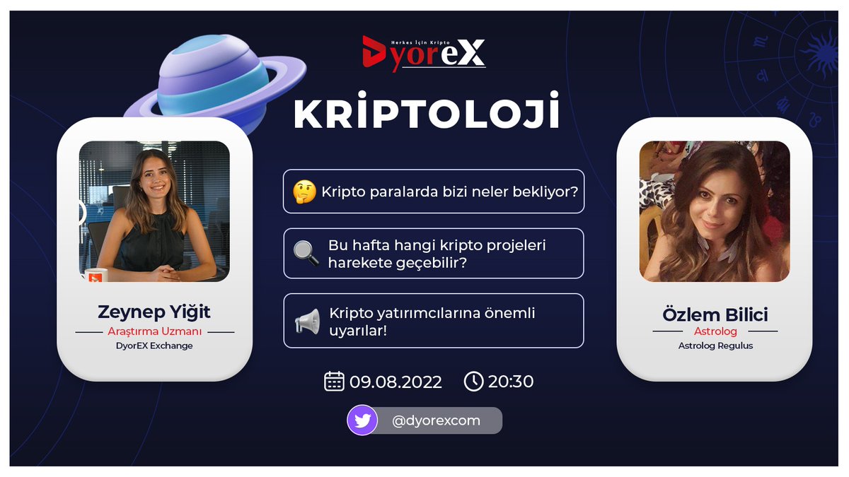 Güzel bir haberimiz var!

✍Ünlü Astroloji Uzmanı Özlem BİLİCİ artık #DyorEX yayınlarında

Her Salı saat 20:30'da Twitter Space üzerinden, #kripto ve astroloji dünyasının nabzı 'KRİPTOLOJİ' programında atıyor olacak.💕

Aileye hoş geldin @OzlemBilici9 ☺️