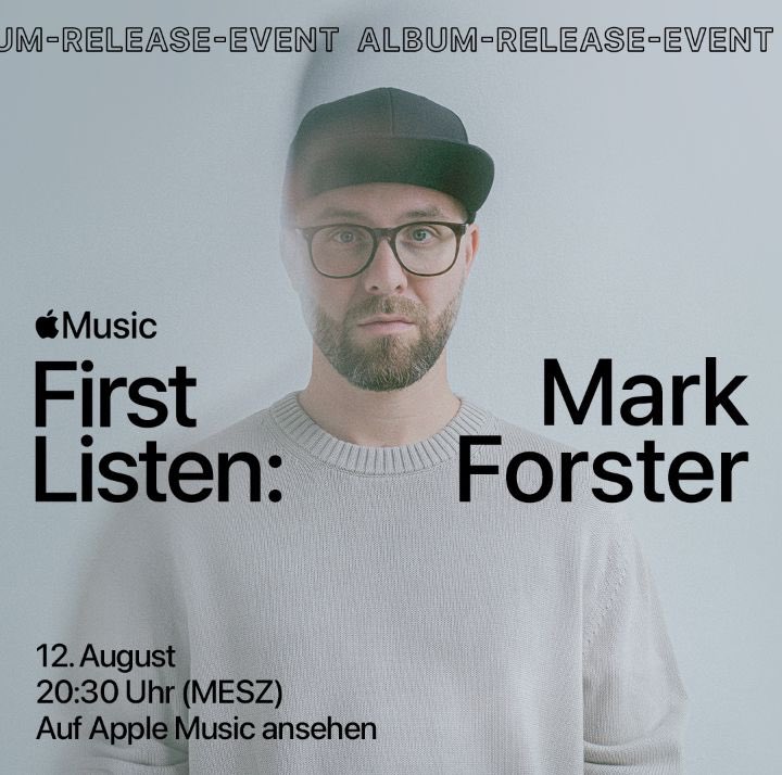 Ich freue mich sehr euch verraten zu dürfen, dass ich an diesem Donnerstag ein exklusives #FirstListenMarkForster mit 
<a href="/applemusic/">Apple Music</a>
 machen werde. Wir hören zusammen in Album-Tracks und spreche mit 
<a href="/arianejati/">aria nejati</a>
 über das  Album. Ihr wollt dabei sein?ticketing.apple.com/markforster