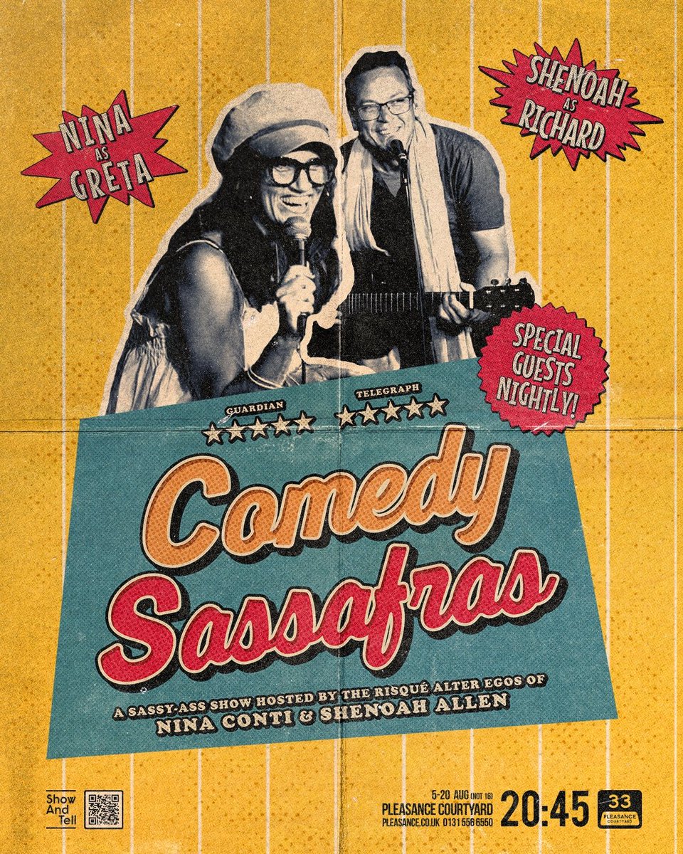 It's Comedy Sassafras night two! #edfringe Joining Richard (aka @ImShenoahAllen) and Greta (aka @ninaconti) in @PleasanceComedy Courtyard at 8:45 tonight will be... Arielle Souma (@phatcomedian) and Zach Zucker (@Zach_Zucker)! 🎟️ pleasance.co.uk/event/comedy-s…