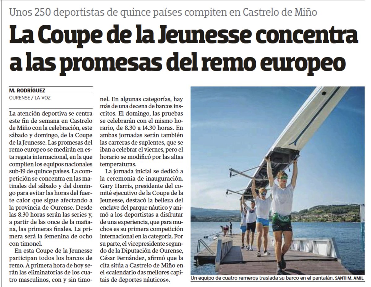 🗞 @VozOurense "La <a href="/CoupeOurense/">Le Coupe de la Jeunesse Ourense 2022</a> de la Jeunesse concentra a las promesas del remo europeo"
Unos 250 deportistas de quince países compiten en Castrelo de Miño
lavozdegalicia.es/noticia/ourens…