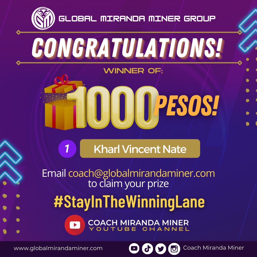 gmmg_official's tweet photo. 🎉CONGRATS to Kharl Vincent!
💰Winner of 1,000 pesos from Coach MIRANDA MINER.
LAHAT ng ka-miranda PWEDENG SUMALI.. Dahil natuto ka na, nanalo ka pa!
➡️SUBSCRIBE then comment na, para araw-araw panalo:
https://t.co/XuGkeoAGr3
#CMMYoutubeChannel #ArawArawPanalo https://t.co/IVFsMmLgbV