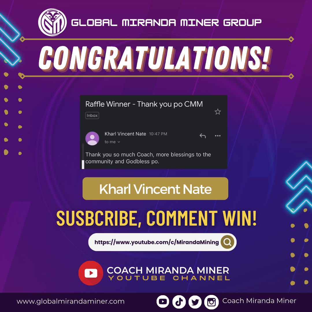 gmmg_official's tweet photo. 🎉CONGRATS to Kharl Vincent!
💰Winner of 1,000 pesos from Coach MIRANDA MINER.
LAHAT ng ka-miranda PWEDENG SUMALI.. Dahil natuto ka na, nanalo ka pa!
➡️SUBSCRIBE then comment na, para araw-araw panalo:
https://t.co/XuGkeoAGr3
#CMMYoutubeChannel #ArawArawPanalo https://t.co/IVFsMmLgbV
