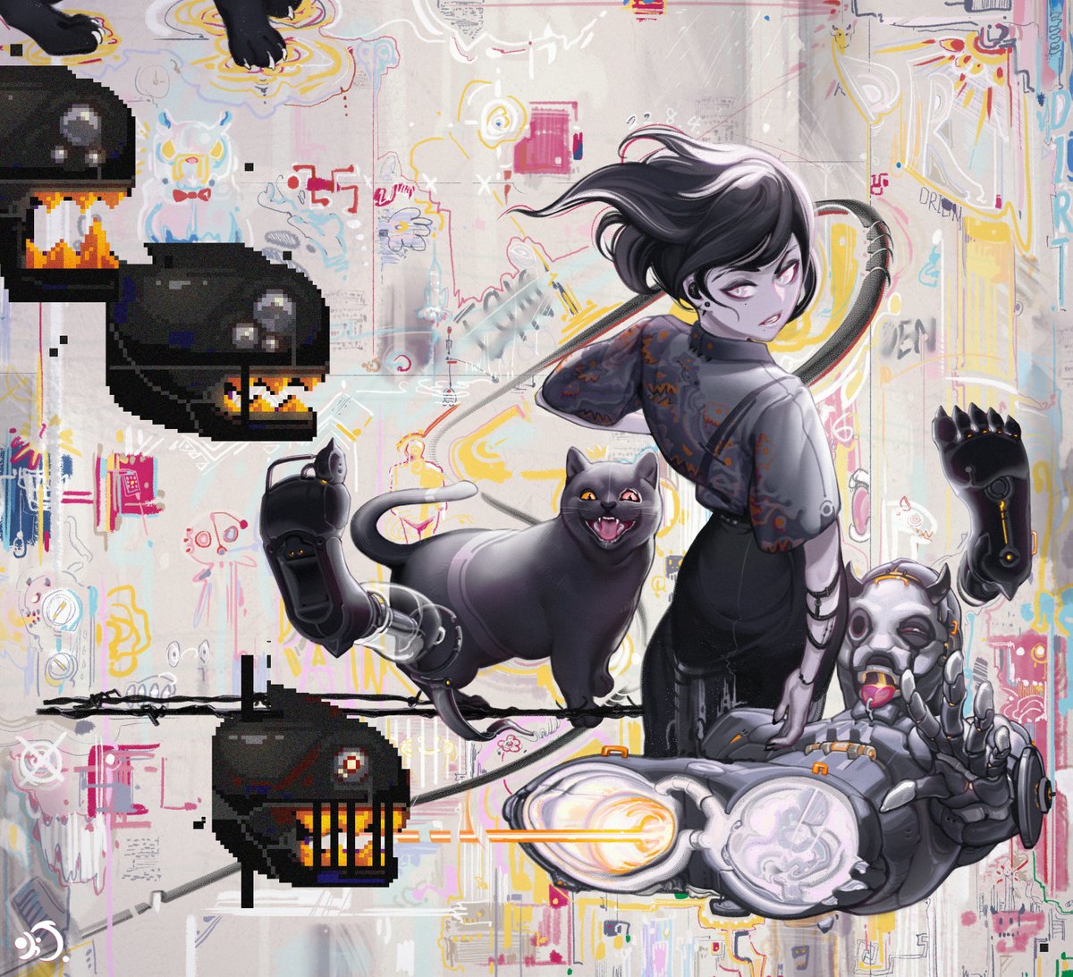 Andretown00's tweet photo. 「Cheap　black」

習作
#オリジナルキャラクター #オリジナルイラスト #オリジナル ＃SF　#ロボット #猫　#イラスト練習中 https://t.co/XK0BDcfYpy