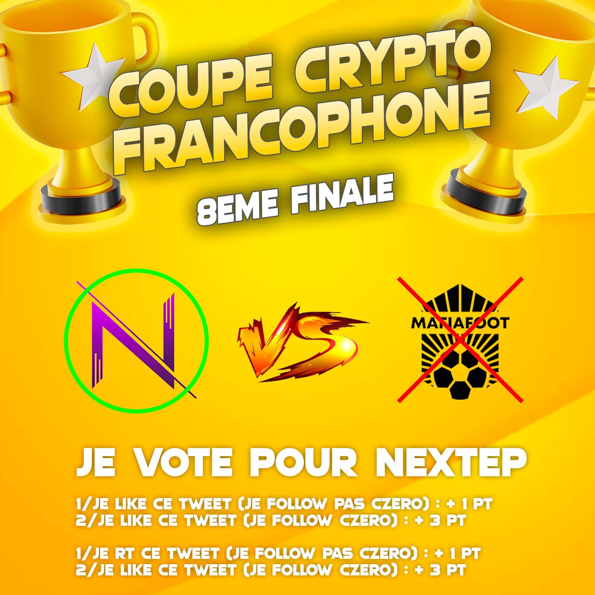 CryptoZeroActu's tweet photo. 🏆 Vote pour @nextep_crypto (VS @MafiafootBSC autre tweet)
1/ Je like (je follow pas Czero) : +1 pt - (je follow) : +3 pts
2/ Je RT (je follow pas Czero) : +1 pt - (je follow) : +3 pts
 
Faites gagner votre projet préféré !!! https://t.co/vuMWXZNO0J