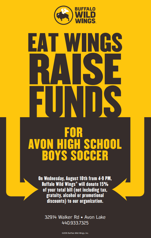 Avon_BoysSoccer's tweet photo. Come out to Buffalo Wild Wings August 10th from 4pm-9pm to support Avon Boys HS Soccer!!  Show ticket below and 15% of purchase goes to the team!  Dine in or take out!  Go Eagles!!! https://t.co/t5L4RExi9N