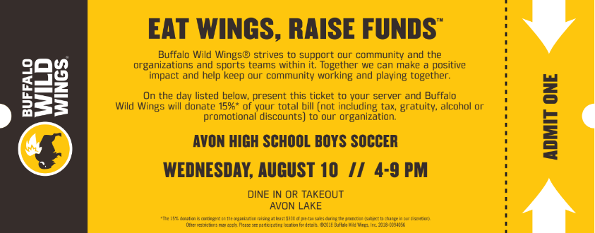 Avon_BoysSoccer's tweet photo. Come out to Buffalo Wild Wings August 10th from 4pm-9pm to support Avon Boys HS Soccer!!  Show ticket below and 15% of purchase goes to the team!  Dine in or take out!  Go Eagles!!! https://t.co/t5L4RExi9N