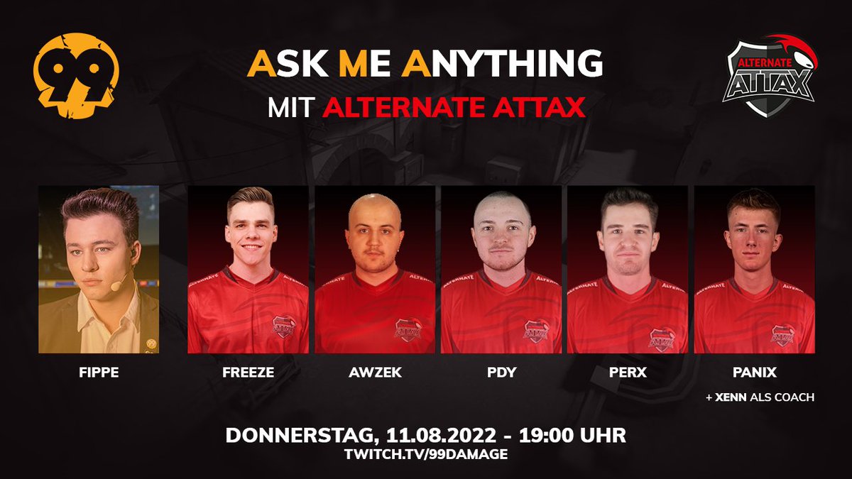 99DAMAGEde's tweet photo. Zusammen mit @ATNattax veranstalten wir am nรคchsten Donnerstag ein AMA, um รผber das neue Lineup zu sprechen. Schaltet ein und stellt eure Fragen im Chat oder unter dem Hashtag #99AMA.
๐ Donnerstag, 11.08.2022
โฒ 19:00 Uhr
๐บ https://t.co/TPZ14hChxx https://t.co/7k4dtjpBuT