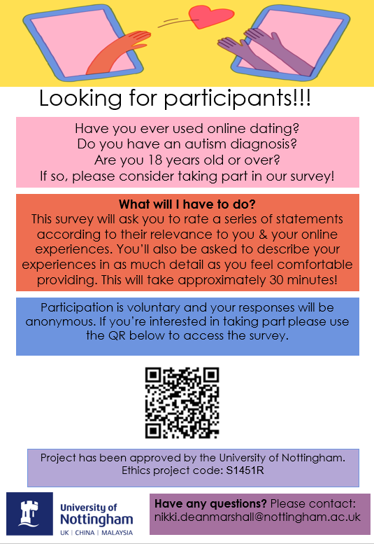 I am looking for participants for my MSc final project. We are looking for both Autistic and non-Autistic participants. So if you are a current online dating user and would like to participate you can use the link below. Thank you!
nottinghampsych.eu.qualtrics.com/jfe/form/SV_4G…