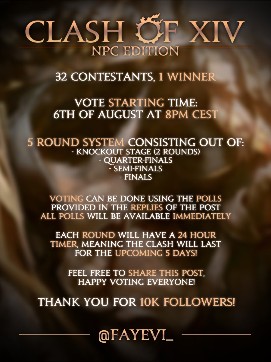 Velkyen's tweet photo. 10K ANNOUNCEMENT ๐ฅณ
Today is the beginning of the voting competition within the #FFXIV community: CLASH OF XIV #XIVCLASH
Streamers can vote on this during their stream (with their chat) if they wish to do so!
Anyone is allowed to join, RTs & Likes are very much appreciated. https://t.co/uxn3SN8zc2