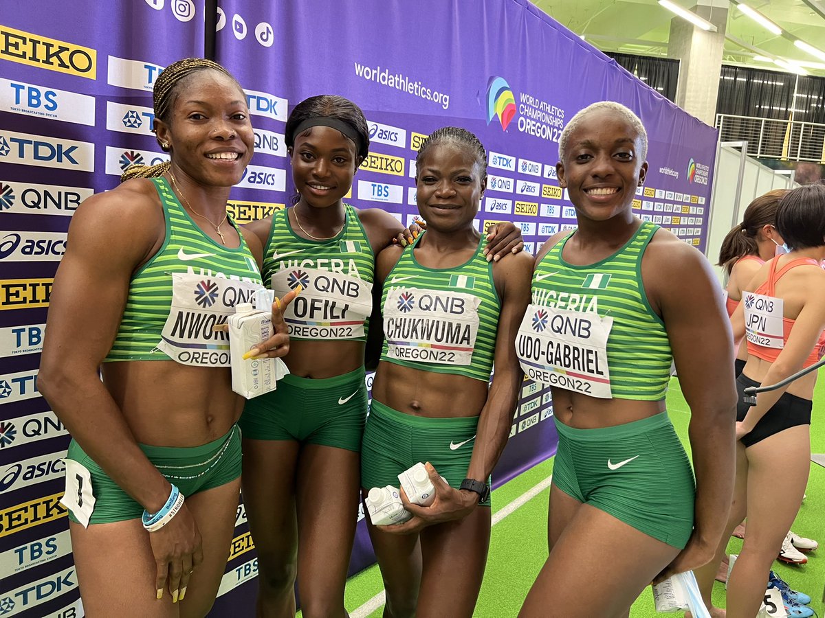 MakingOfChamps's tweet photo. That was good! The Nigerian quartet of: Joy Udo-Gabriel, Favour Ofili, Rosemary Chukwuma &amp; Grace Nwokocha (with a solid anchor leg) getting round the baton to win heat 2 of women's 4x100m in a time of 42.57s. This is the 2nd fastest time the Nigerian team is running in 2022👏👏 https://t.co/TFhG1Vrv31