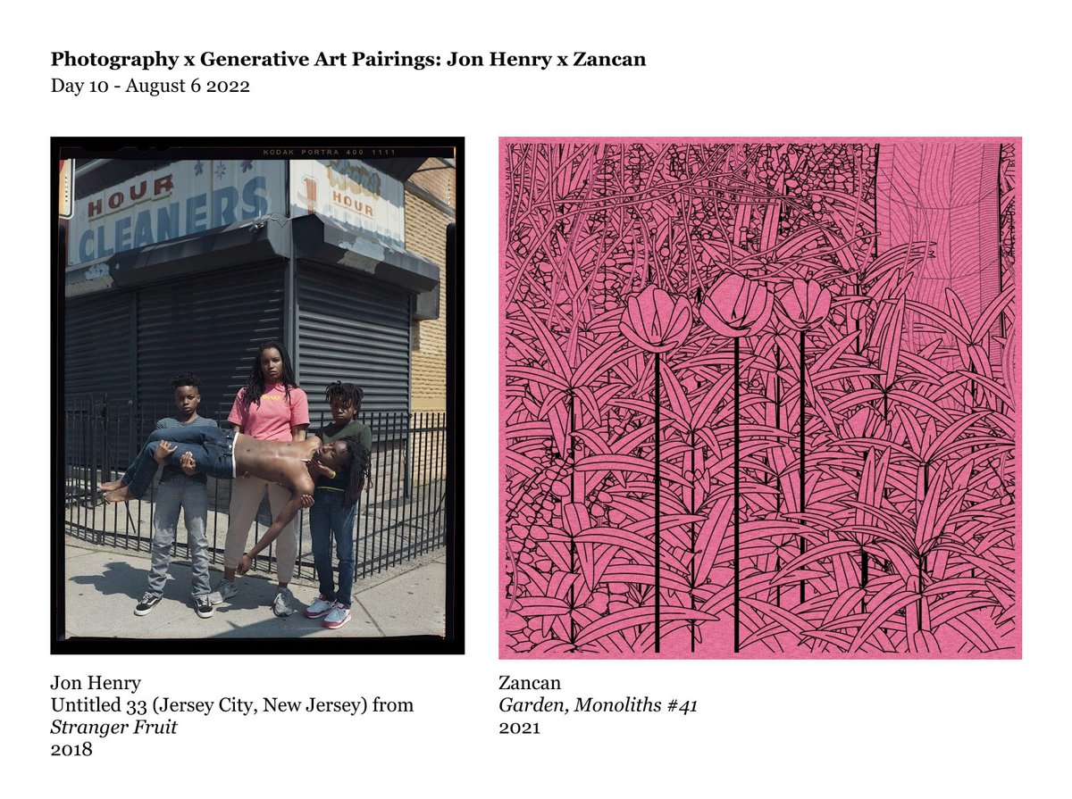 Gm to this gen art x nft photography pair 🤍🌸🖤

Day 10:
📸 Jon Henry, Untitled 33 (Jersey City, New Jersey)(2018) from Stranger Fruit owned by <a href="/BiancaMedici69/">Bianca 'de Medici</a> <a href="/Sia/">sia</a> 
🖼️ Zancan, Garden, Monoliths #41 (2021) owned by @galaxyrtk

1/13 🧵 <a href="/WhoIsDaMaster/">Jon Henry</a> <a href="/QuantumNFT/">Quantum Art</a> <a href="/zancan/">zancan 🌿</a> <a href="/fx_hash_/">fxhash</a>
