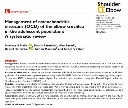 SpOrthopod's tweet image. Read our multicentre review &amp;amp; guidance on management of #elbow trochlea OCD in current issue of @ShoulderElbowJ. A rare pathology with little info in literature.

Presented @bessconference June 2021 

doi.org/10.1177%2F1758…

#orthotwitter #Orthopaedics @WorcsAcuteNHS @uhbtrust