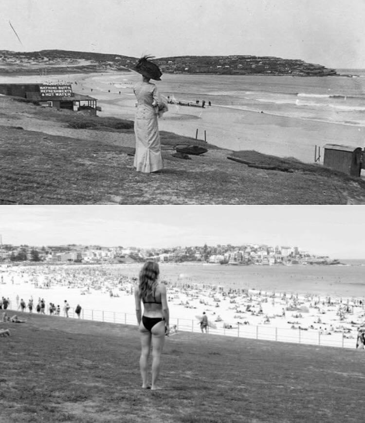 sydthenandnow's tweet photo. Blast from the STAN past - A woman looking over Bondi Beach in 1910 and in 2017.

[both photos @cityofsydney] https://t.co/YBlencGKKd