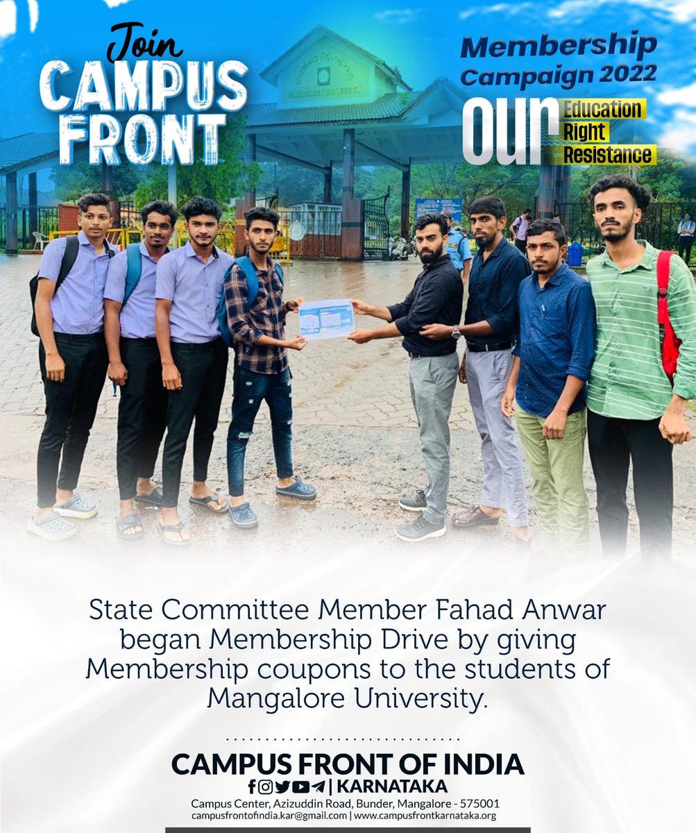 CampusFrontKar's tweet photo. State Committee Member Fahad Anwar began Membership Drive by giving membership coupons to the students of Mangalore University.
#JoinCampusFront https://t.co/1ZifRh1srZ