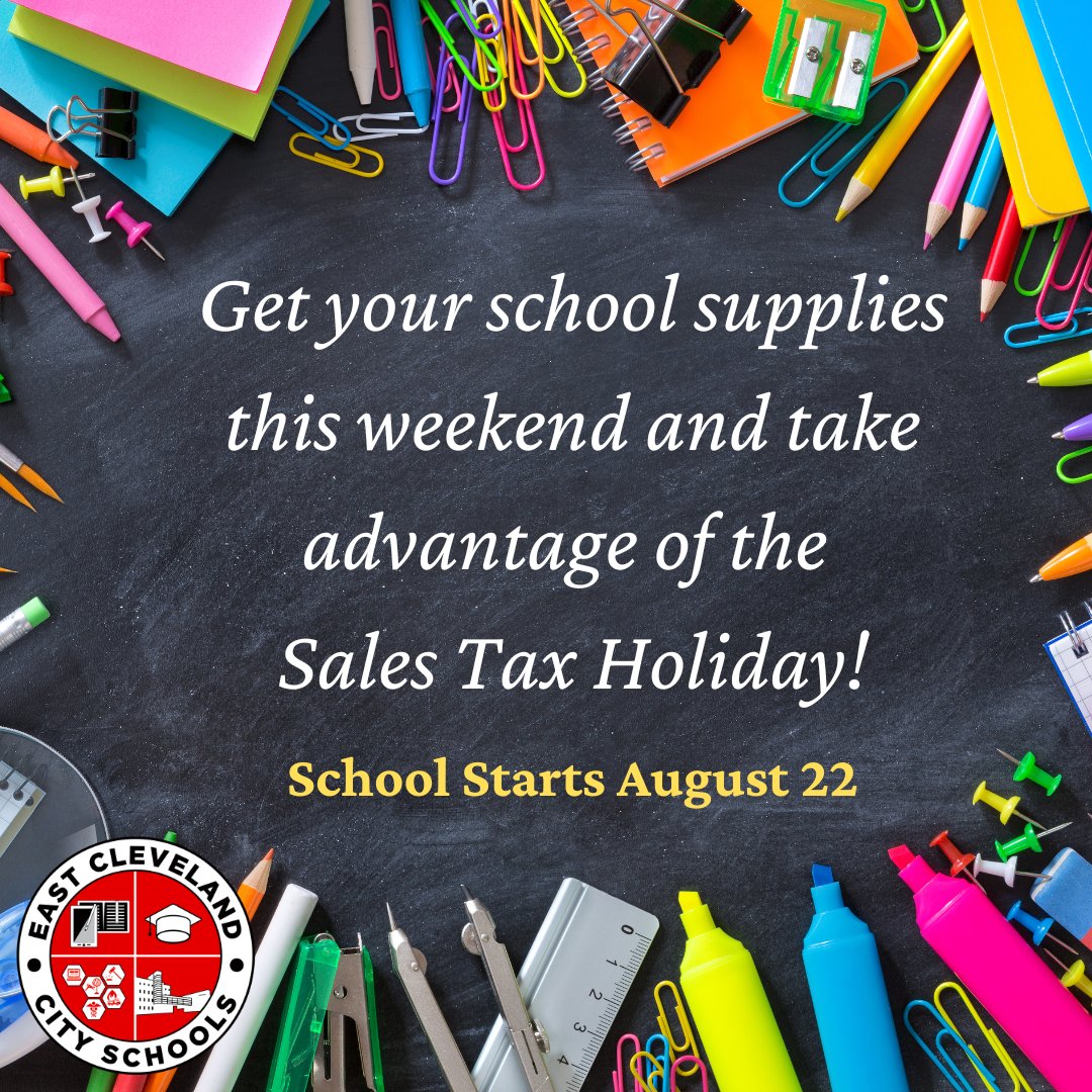 EastCleSchools's tweet image. Cardinal Nation--take advantage of Ohio&apos;s Sale Tax Holiday and pick up your school supplies this weekend.  Clothing items less than $75, school supplies and instructional materials less than $20 qualify.  Get your supply lists here: bit.ly/ecsupplies22