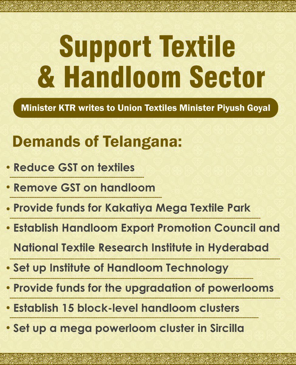 KTRBRS's tweet photo. On the eve of #NationalHandloomDay have written to Textile Minister @PiyushGoyal Ji with the below demands👇

The 2nd largest employment generating sector is Textiles &amp; Apparel. 

With a lackadaisical approach of GoI, India is lagging behind Bangladesh in Textile &amp; Apparel prodn https://t.co/hqORirdMy5