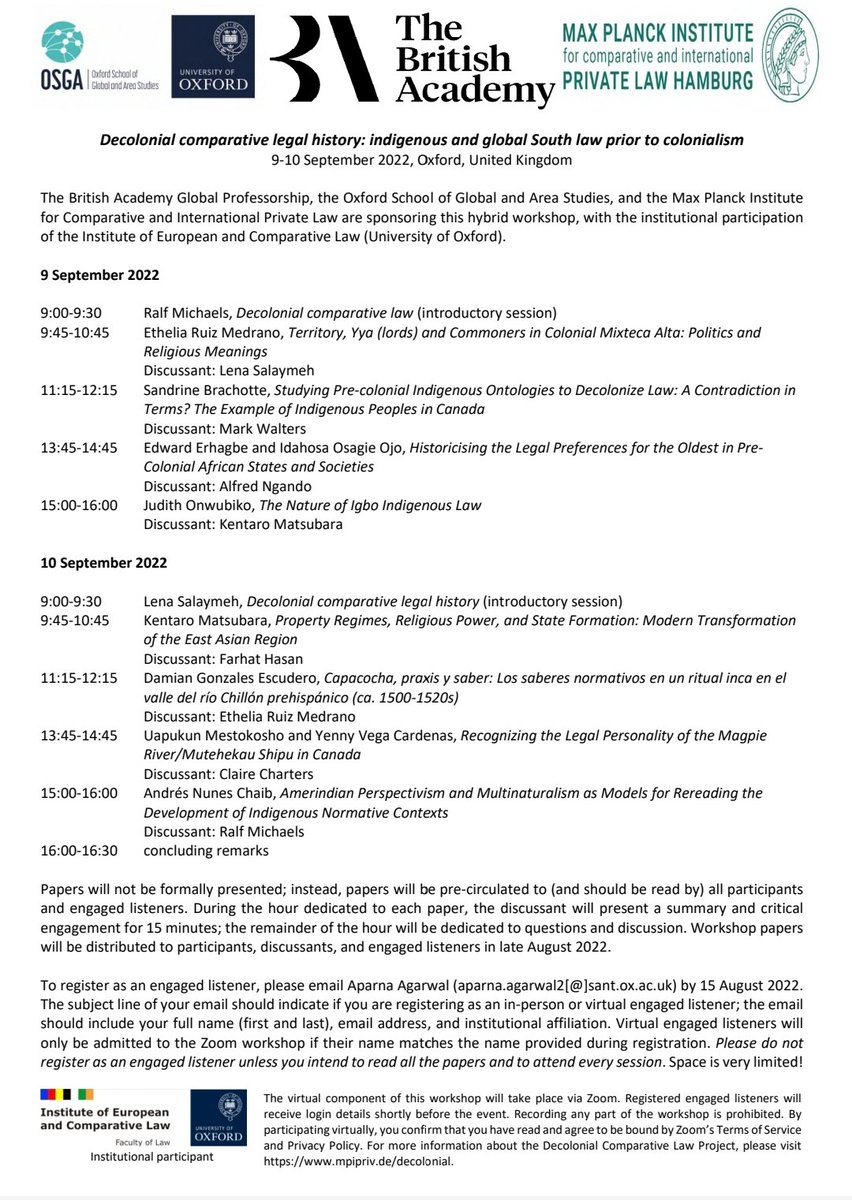 Anyone interested in #decoloniality, #indigenouslaw, and/or #globalsouthlaw, register as an engaged listener and join the rich discussions at this workshop.