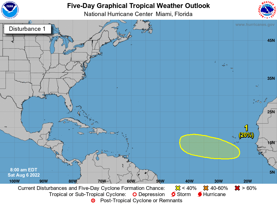 NHC_Atlantic's tweet photo. 8 am EDT Aug 6: A tropical wave is forecast to move off the west coast of Africa this weekend. Some gradual development is possible while the system moves westward across the eastern and central tropical Atlantic through the middle part of next week.

https://t.co/m9946DGzPQ https://t.co/aNCm1HXTMe