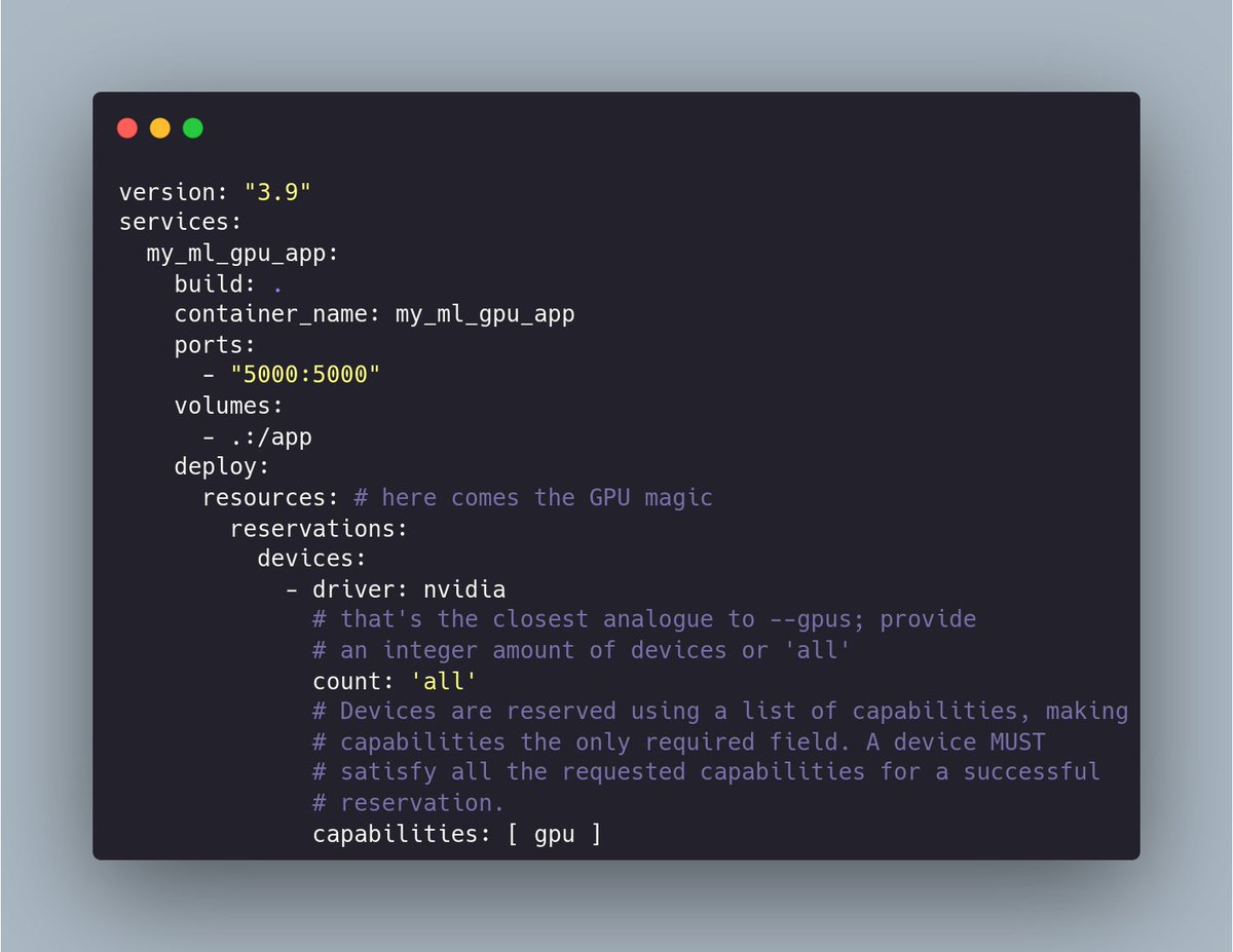 mrm8488's tweet photo. In case you were asking about create a #docker container via docker-compose with #GPU capabilities for your #ML app. https://t.co/8vL2w6rXTJ