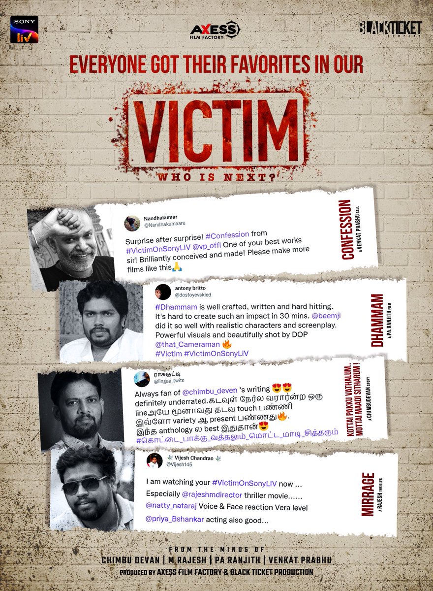 Black Ticket company (@blackticketco) on Twitter photo Everyone got their favs..
NOW STREAMING on <a href="/SonyLIV/">Sony LIV</a>
#VictimOnSonyLIV
#Confessions
a <a href="/vp_offl/">venkat prabhu</a> call
<a href="/Prasanna_actor/">Prasanna</a> <a href="/Amala_ams/">Amala Paul ⭐️</a> <a href="/Anjenakirti/">Anjena Kirti</a> <a href="/krishoffl/">Krishh</a> <a href="/dirmanivannan/">Manivannan Balasubramaniam</a> <a href="/Premgiamaren/">PREMGI</a> <a href="/sakthisaracam/">Sakthi Saravanan</a> @venkatraj11989 <a href="/Aishwarya12dec/">Aishwarya</a> <a href="/AxessFilm/">Axess film factory</a> Everyone got their favs..
NOW STREAMING on <a href="/SonyLIV/">Sony LIV</a>
#VictimOnSonyLIV
#Confessions
a <a href="/vp_offl/">venkat prabhu</a> call
<a href="/Prasanna_actor/">Prasanna</a> <a href="/Amala_ams/">Amala Paul ⭐️</a> <a href="/Anjenakirti/">Anjena Kirti</a> <a href="/krishoffl/">Krishh</a> <a href="/dirmanivannan/">Manivannan Balasubramaniam</a> <a href="/Premgiamaren/">PREMGI</a> <a href="/sakthisaracam/">Sakthi Saravanan</a> @venkatraj11989 <a href="/Aishwarya12dec/">Aishwarya</a> <a href="/AxessFilm/">Axess film factory</a>