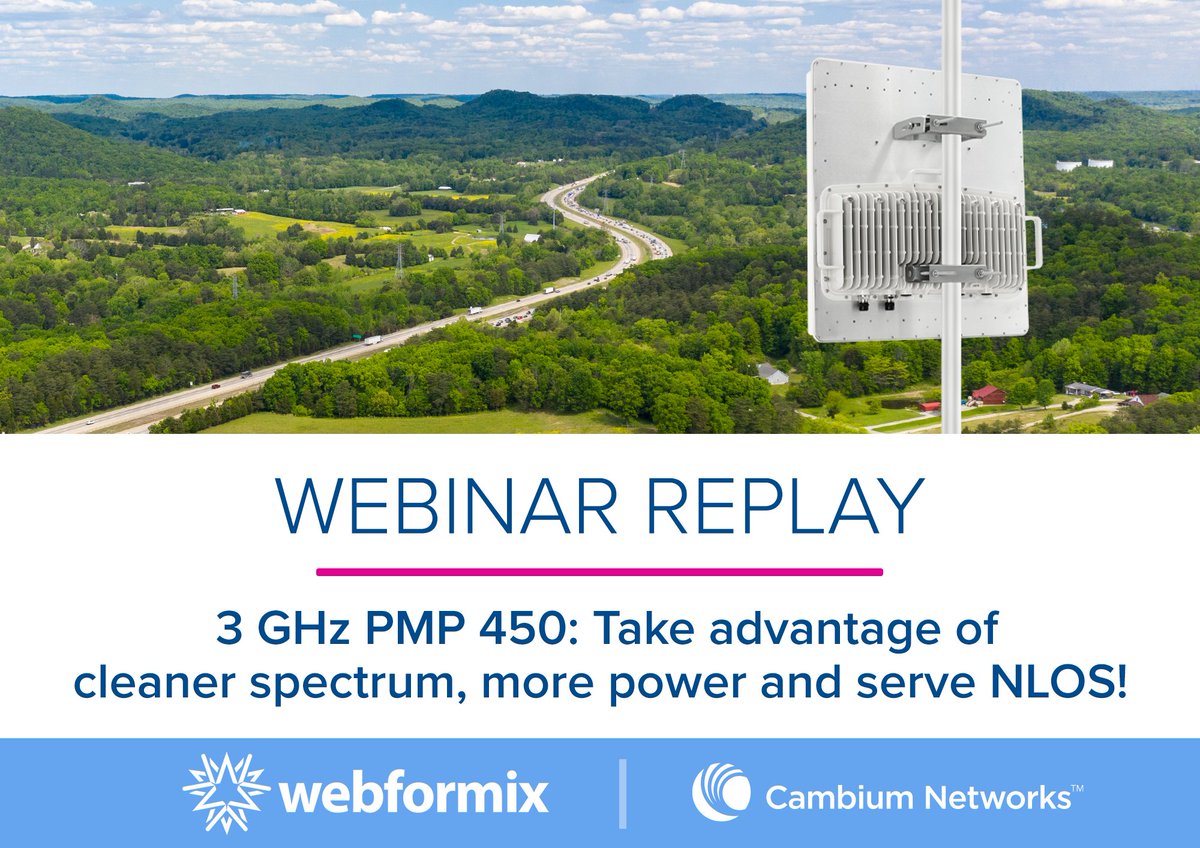 CLEANER SPECTRUM, MORE POWER. Learn about the advantages of 3 GHz spectrum and CBRS for fixed wireless access.

View our webinar replay: bit.ly/3MVmM7K

#FixedWireless #CBRS #ServiceProviders