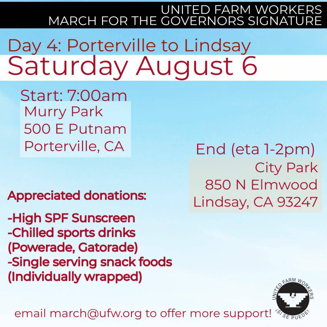 UFWupdates's tweet photo. Day 4 of our 24-day March for the Governor's Signature.  We leave Porterville at 7 am from Murry Park, 500 E Putnam and will arrive at Lindsay's City Park, 850 N Elmwood at 1 or 2 pm. Support us in telling Gov Newsom to sign #AB2183 https://t.co/ErPFiCUWoH
