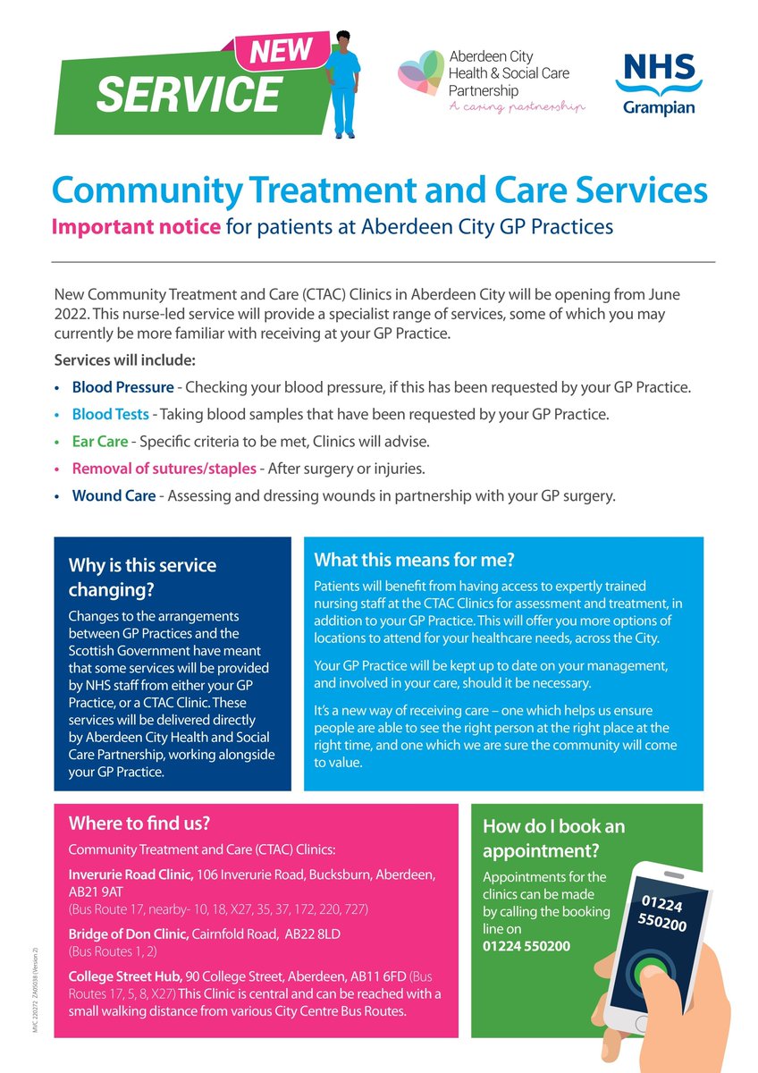 The first two of three Community Treatment and Care Clinics (CTACs) have opened in Aberdeen to give patients registered with GP practices flexibility in where they can go for certain healthcare procedures. For more info orlo.uk/89cjK @NHSGrampian @AberdeenCC