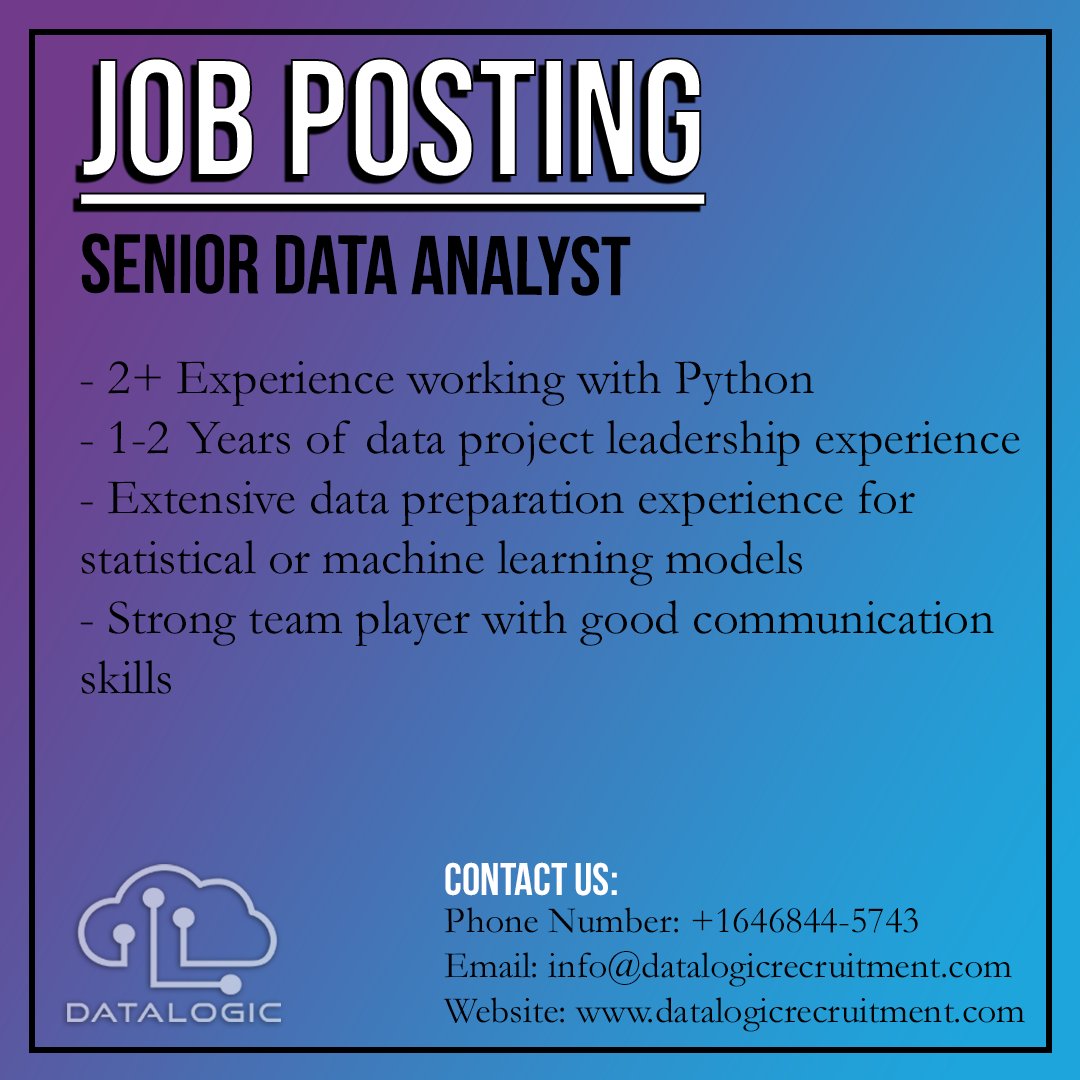 DataLogicRec's tweet photo. We've got an exciting opportunity with one of our high-end clients! 📊

Contact our team of Specialist Consultants to find out more about the role:
📞 +1646844-5743
📧 info@datalogicrecruitment.com
🌐 https://t.co/TibOQA6k7m

#datalogic #datascience #careers https://t.co/5kfFxFlPOh