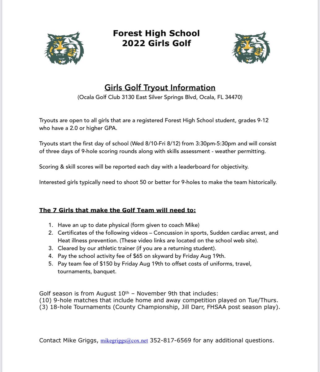 Girls Golf Tryouts!
<a href="/FHS_Athletics1/">FHS Wildcat Athletics</a>