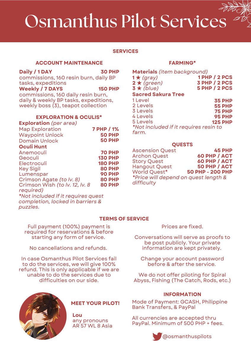 welcome to osmanthus pilot services! offering services &amp; help to travelers in need.

[proofs in thread] [any like/rt is appreciated]
— #genshintwt #genshinpilot #osmanthuspilot