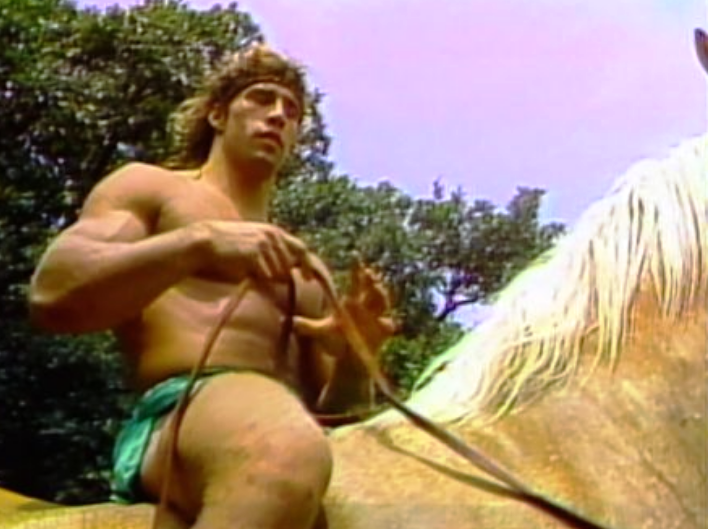Kerry Von Erich on horseback - Not outfitted in typical equestrian gear.