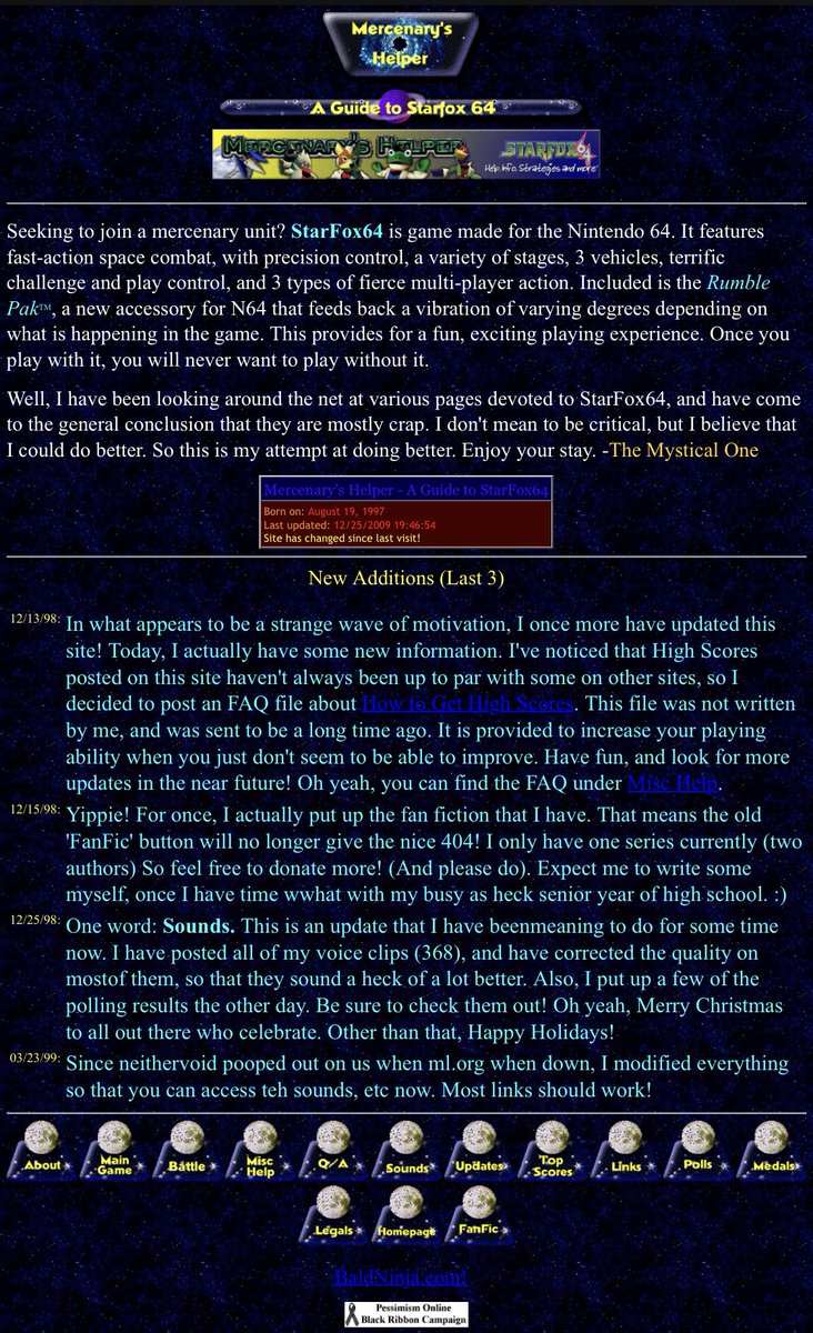 Kitsune86's tweet image. I wanted to know how much voices dialogue was in Starfox 64 (the answer is 25 minutes).

Discovered this wonderful page that hasn’t been updated in 25 years with its .wavs.

Simper times #retroweb

 starfox64.baldninja.com